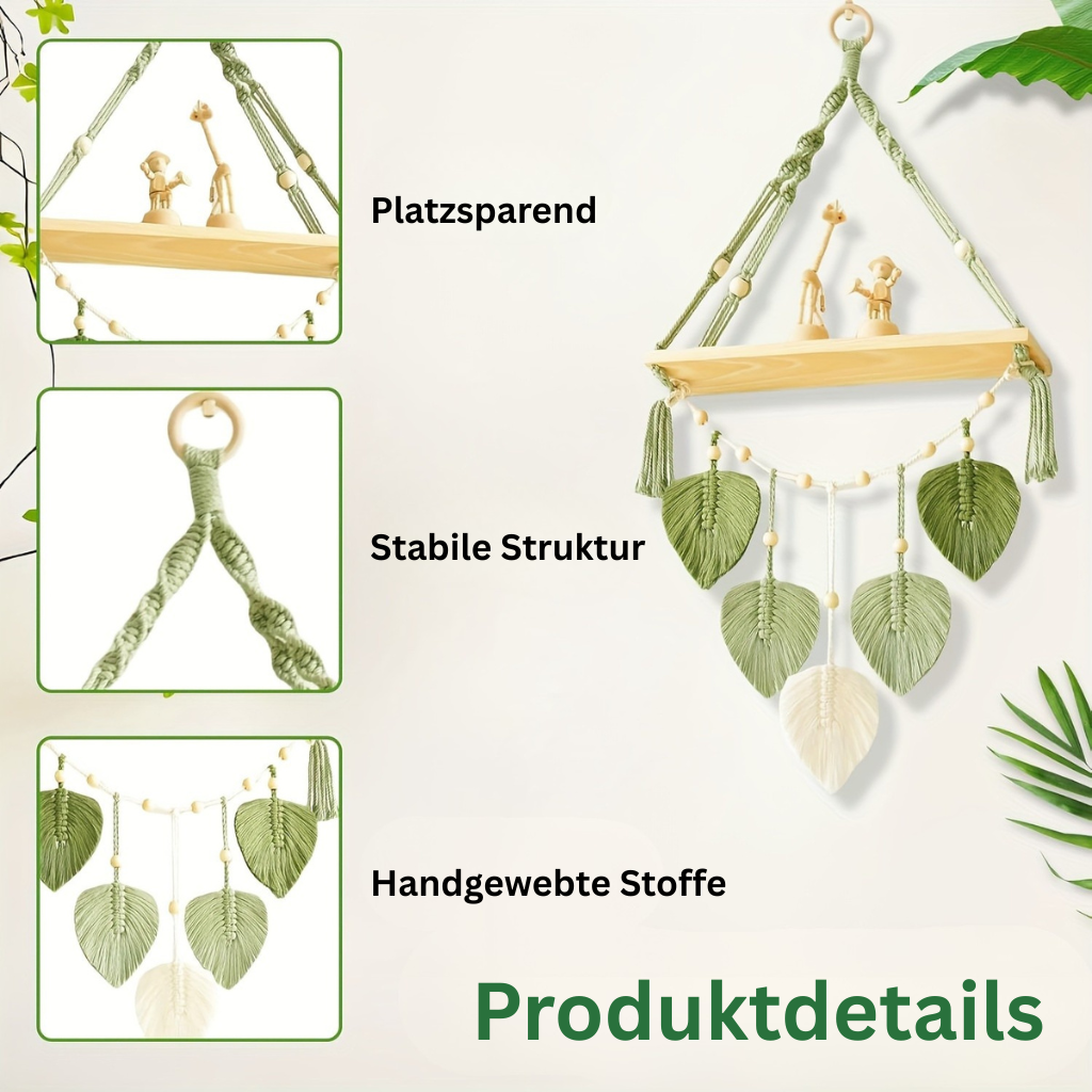 Macrame Leaf: Wooden Wall Shelf – decorative, floating & hanging with handcrafted leaves in Boho style for bedroom & living room