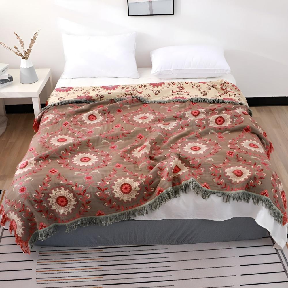 Mandala Loom: Reversible Cotton Blanket with Retro Mandala Design & Breathable Structure – for Sofa & Bedroom