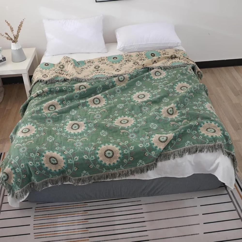 Mandala Loom: Reversible Cotton Blanket with Retro Mandala Design & Breathable Structure – for Sofa & Bedroom