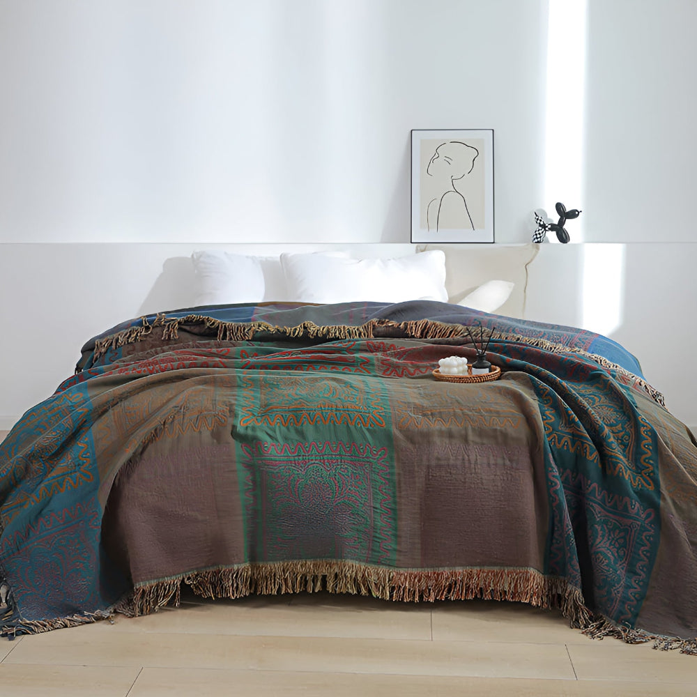 MandalaGlück: Cotton Blankets in Boho Style with Colorful Mandala Pattern & Fringe Detail – for Sofa & Bedroom