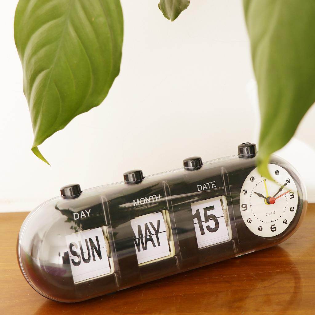 Desk Clock with Flip Calendar, Analog Display, 26.5 cm Width