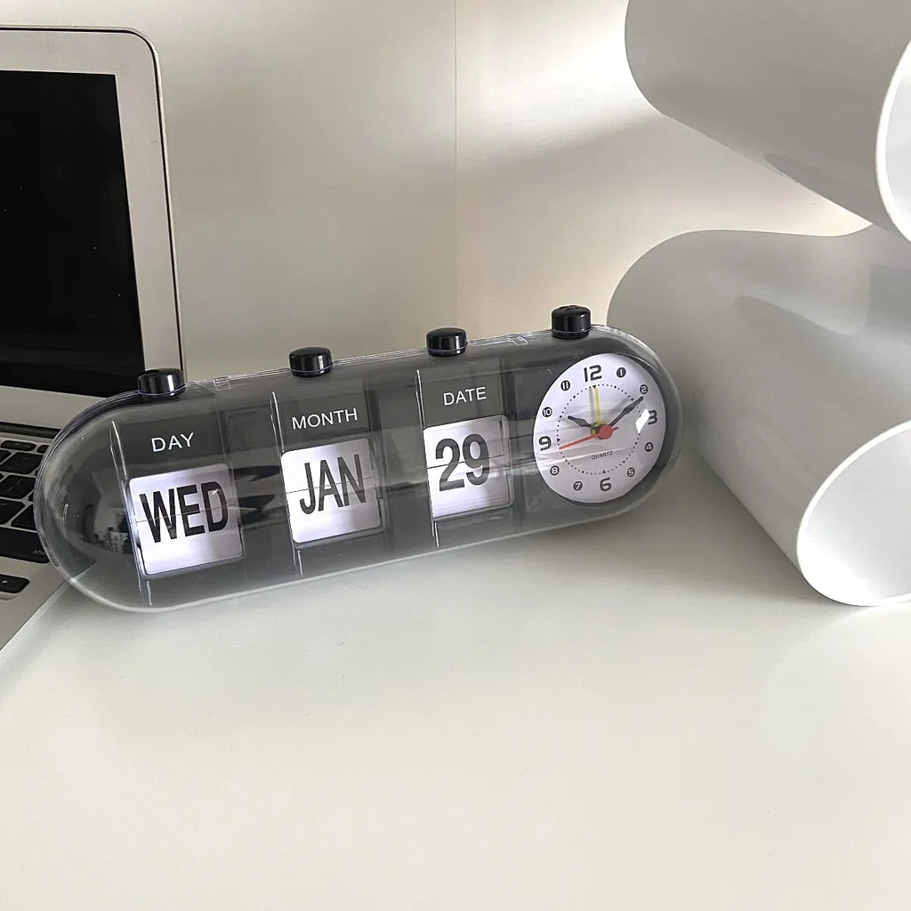 Desk Clock with Flip Calendar, Analog Display, 26.5 cm Width