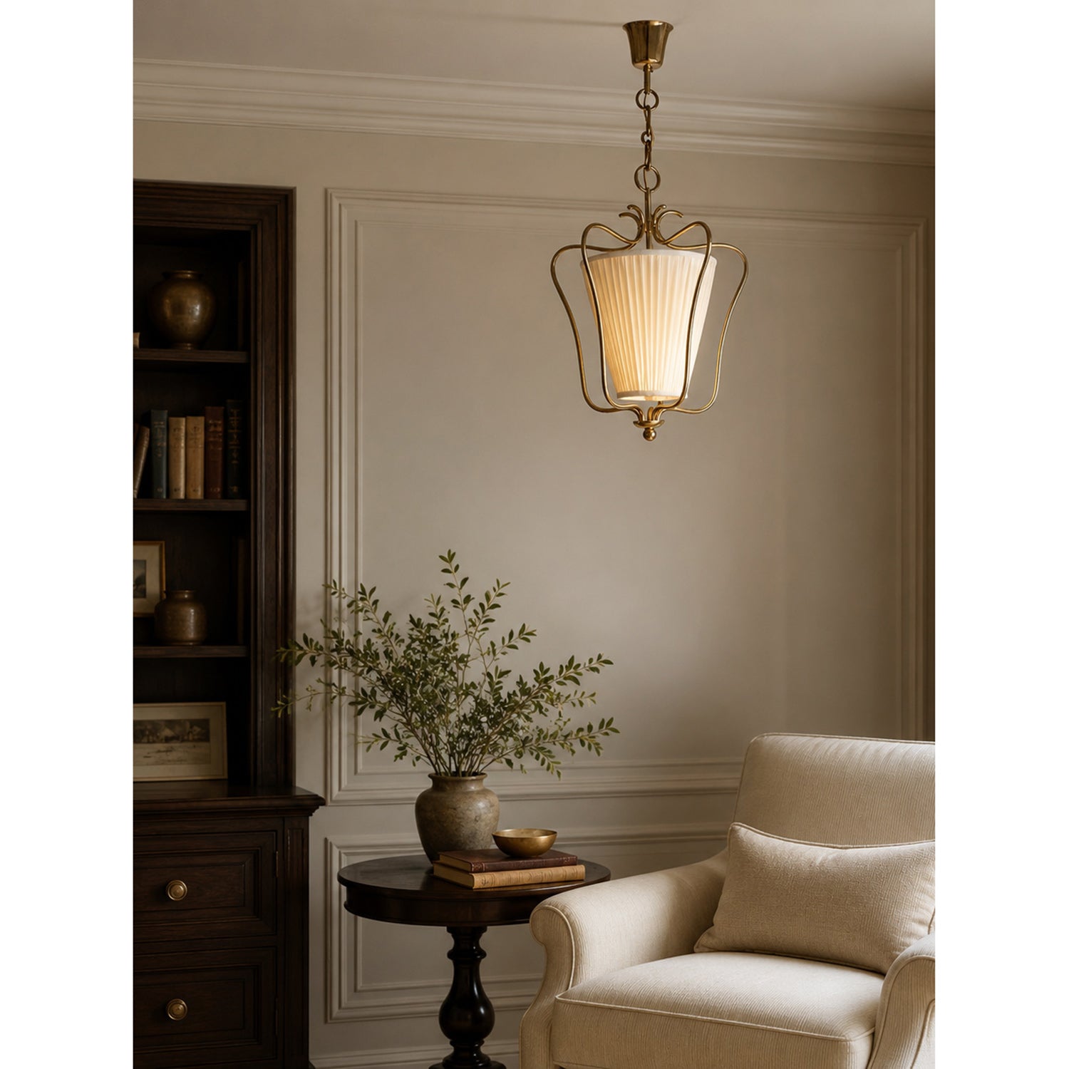 Pleated Fabric Scroll-Arm Lantern Pendant Light