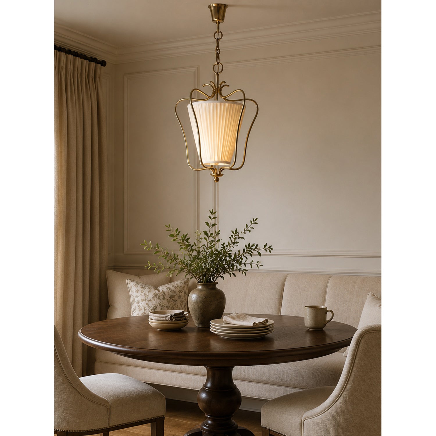 Pleated Fabric Scroll-Arm Lantern Pendant Light