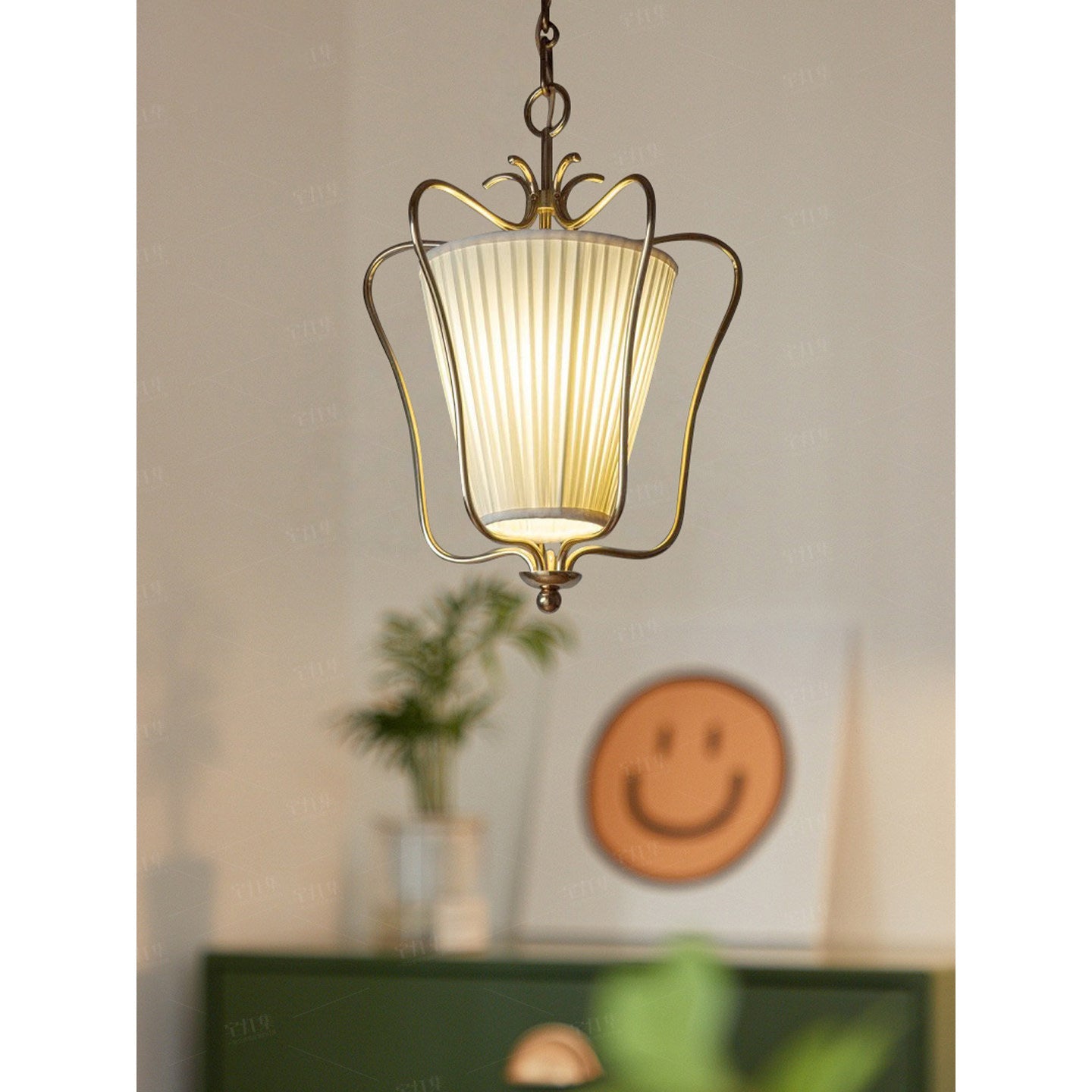 Pleated Fabric Scroll-Arm Lantern Pendant Light