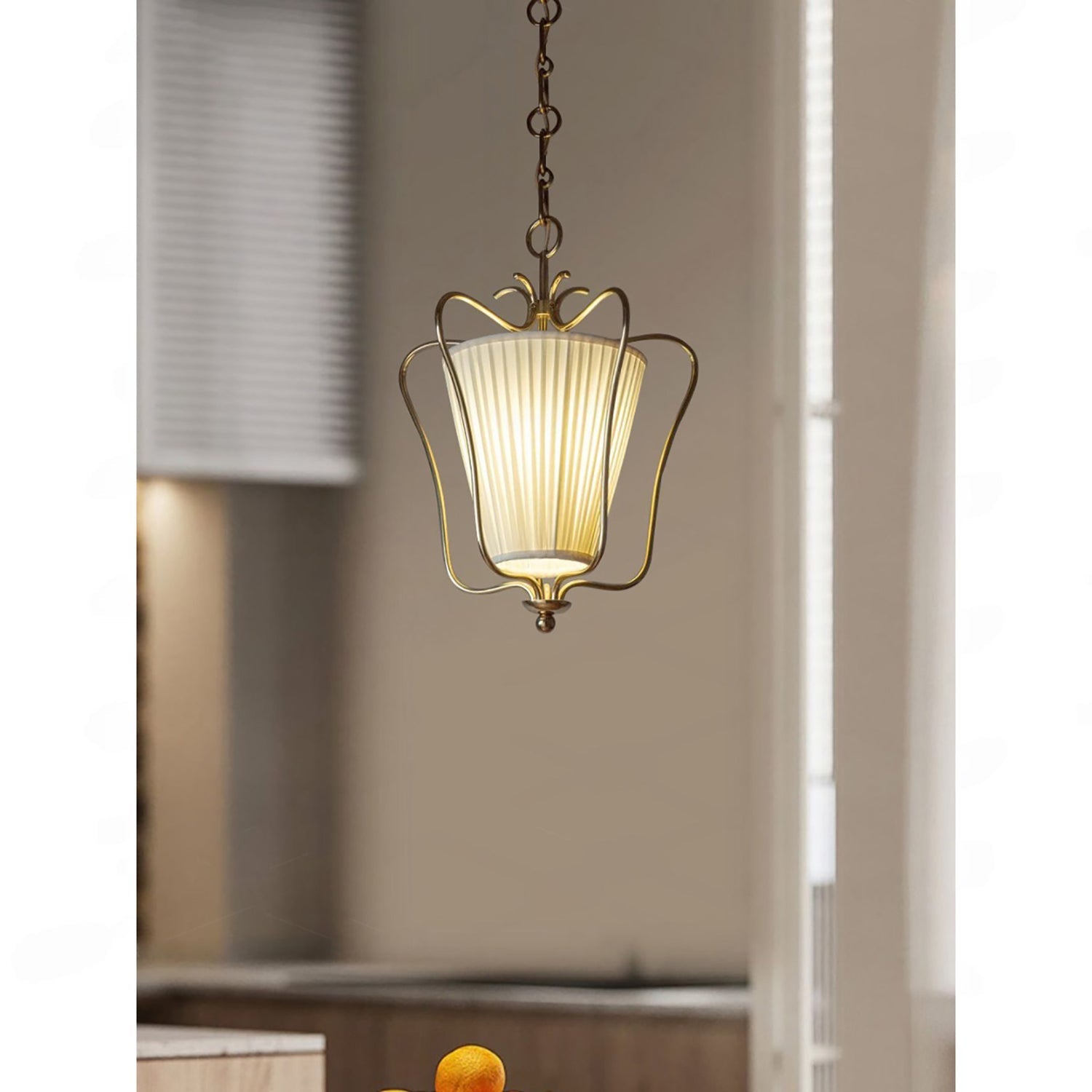 Pleated Fabric Scroll-Arm Lantern Pendant Light