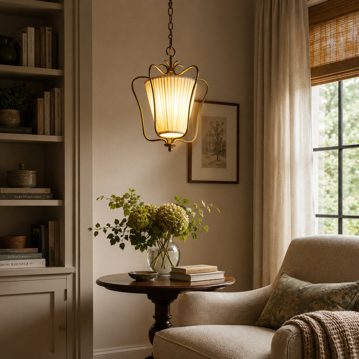 Pleated Fabric Scroll-Arm Lantern Pendant Light