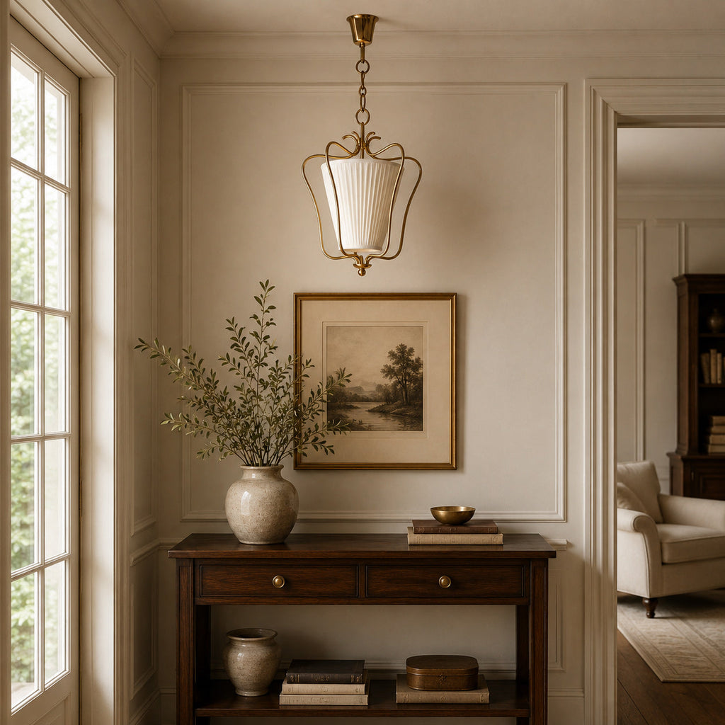 Pleated Fabric Scroll-Arm Lantern Pendant Light