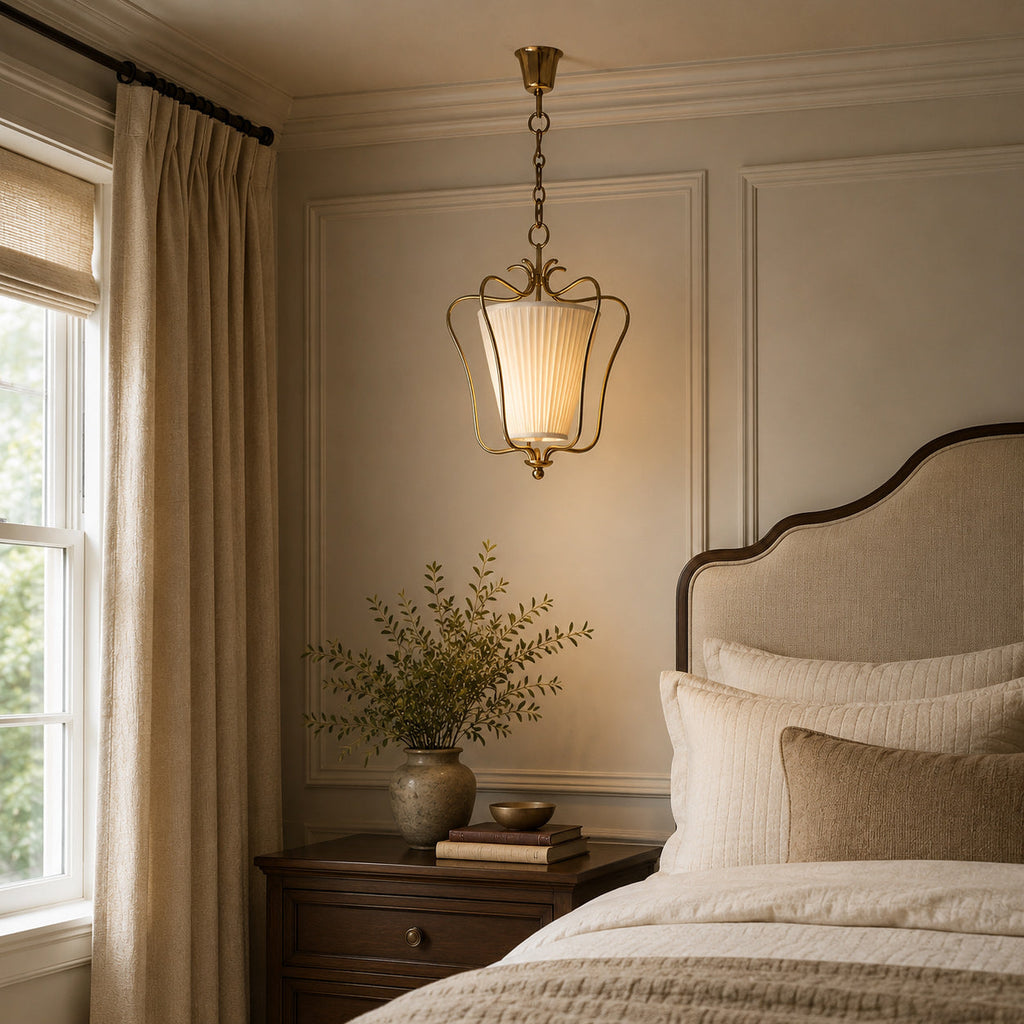 Pleated Fabric Scroll-Arm Lantern Pendant Light