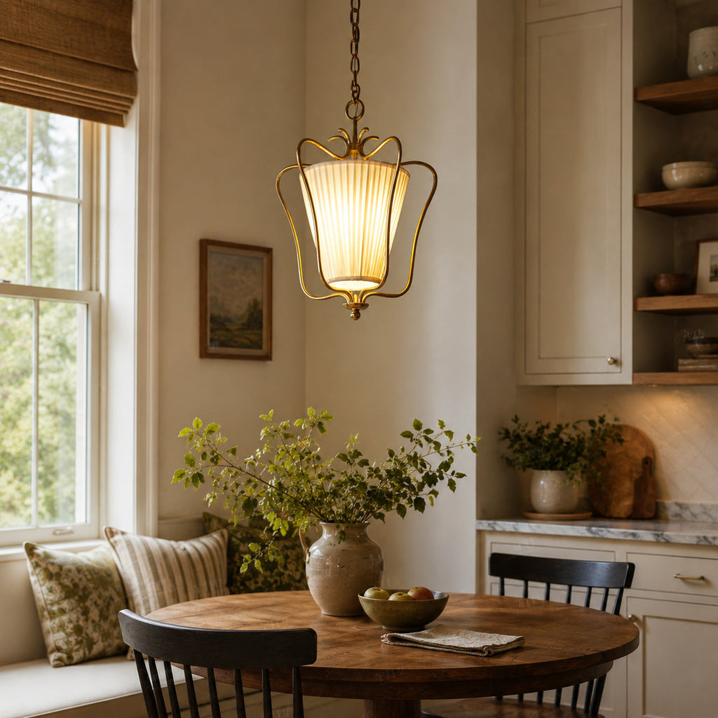 Pleated Fabric Scroll-Arm Lantern Pendant Light