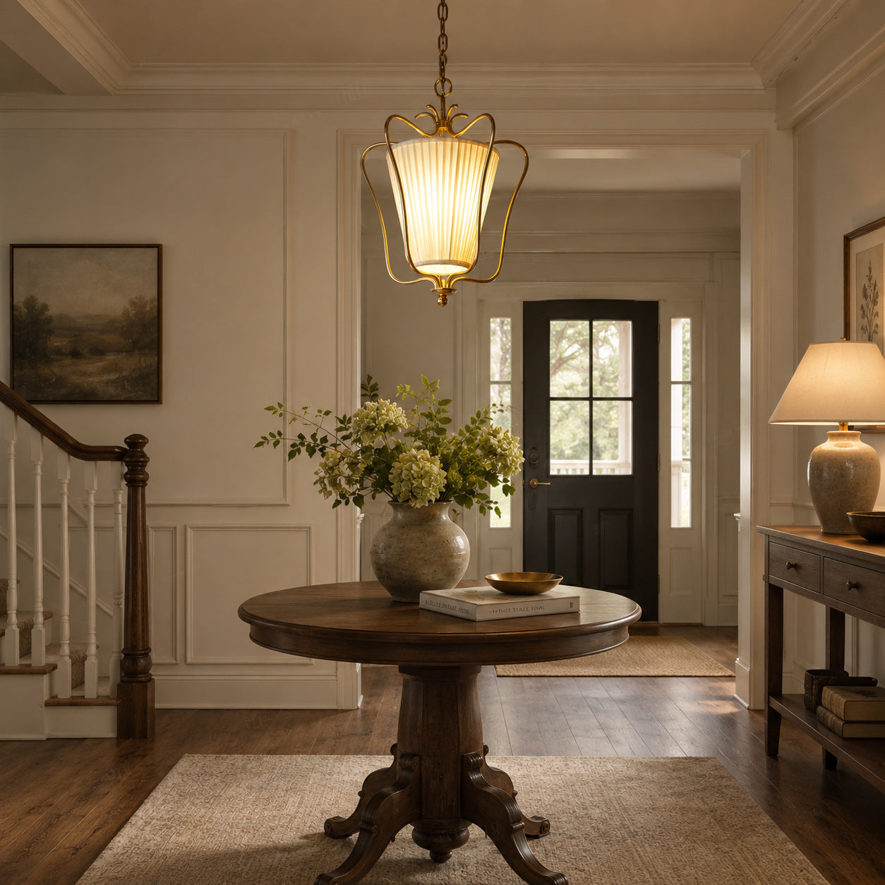 Pleated Fabric Scroll-Arm Lantern Pendant Light