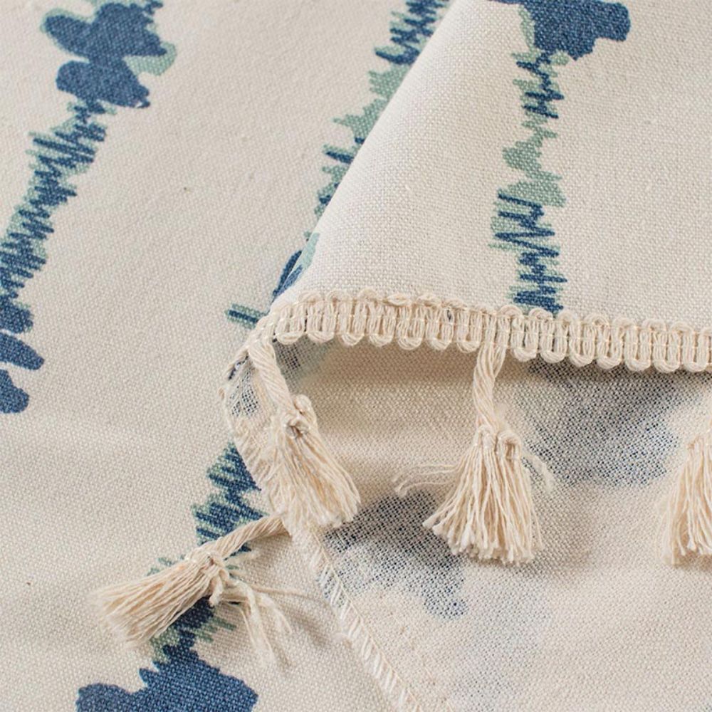 MarisBlau: Blue curtains with geometric design & tassels – charming for living & kitchen spaces