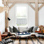 MarisBlau: Blue curtains with geometric design & tassels – charming for living & kitchen spaces