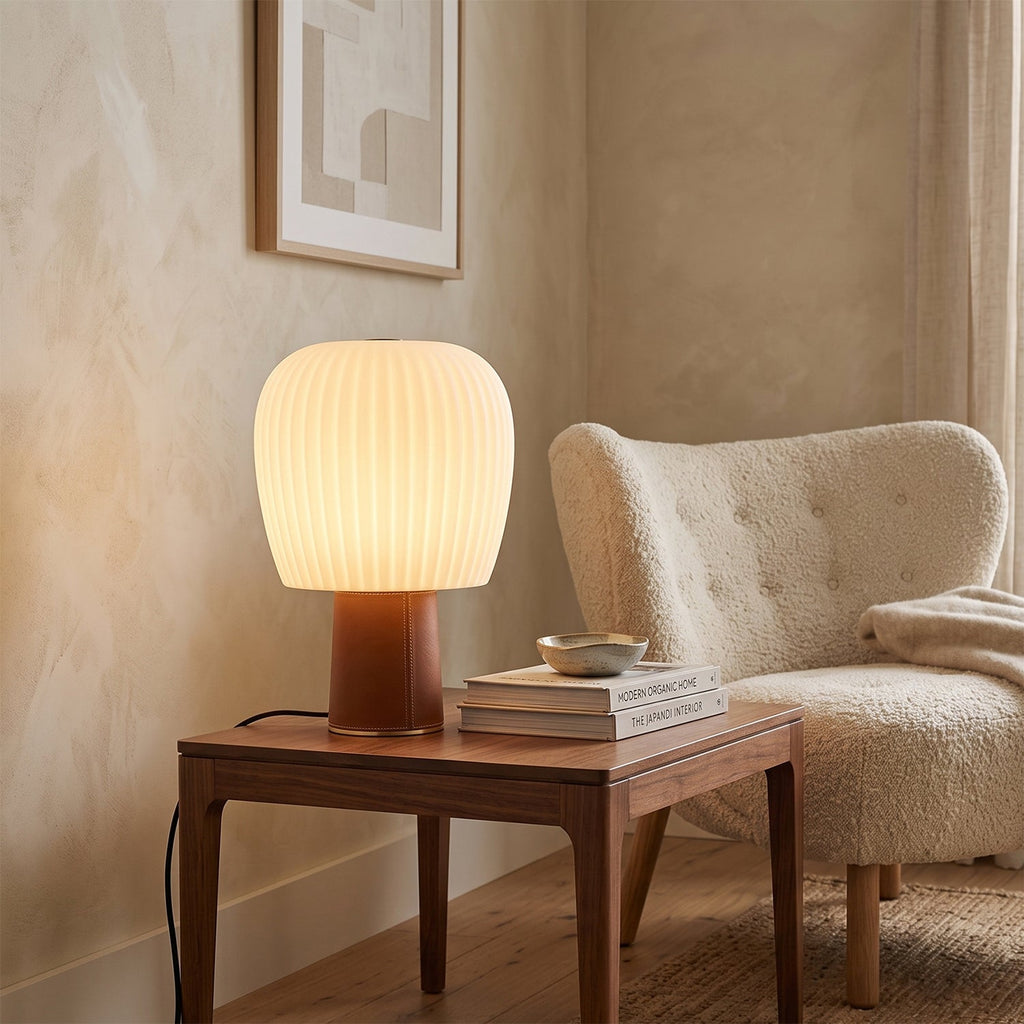 Saddle-Stitched Leather Fluted Glass Table Lamp