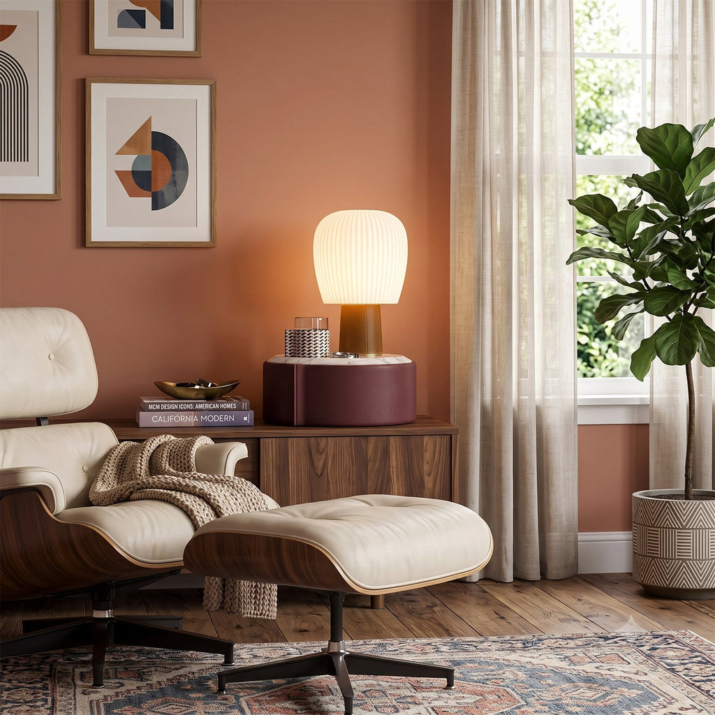 Saddle-Stitched Leather Fluted Glass Table Lamp