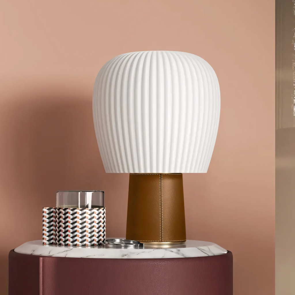 Saddle-Stitched Leather Fluted Glass Table Lamp