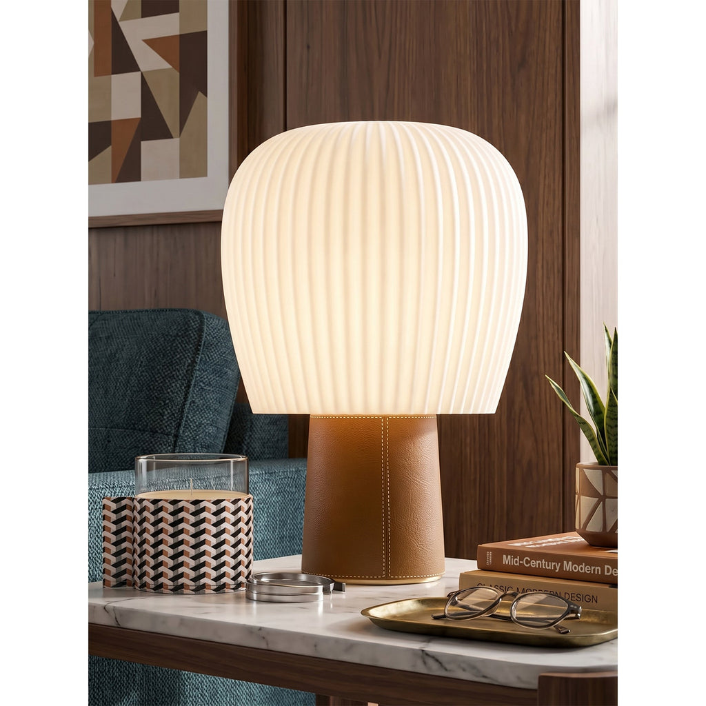 Saddle-Stitched Leather Fluted Glass Table Lamp