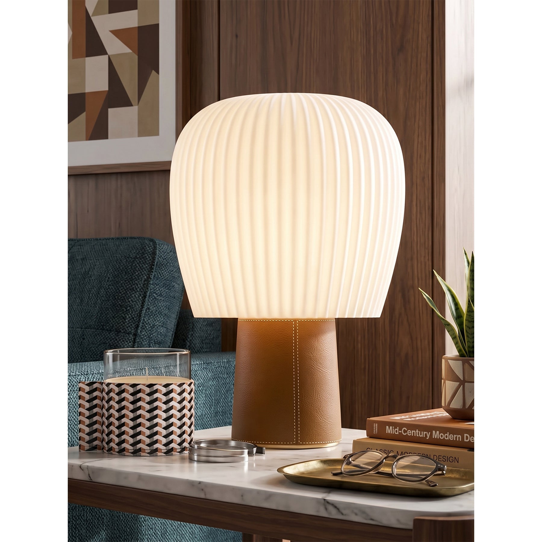 Saddle-Stitched Leather Fluted Glass Table Lamp
