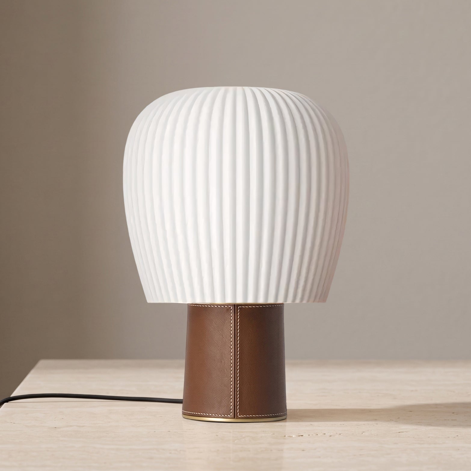Saddle-Stitched Leather Fluted Glass Table Lamp