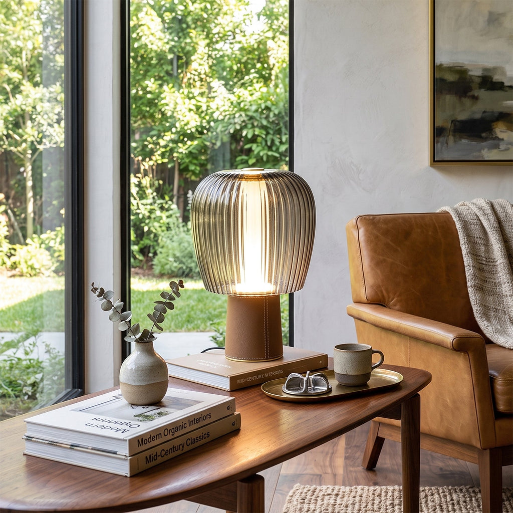 Saddle-Stitched Leather Fluted Glass Table Lamp