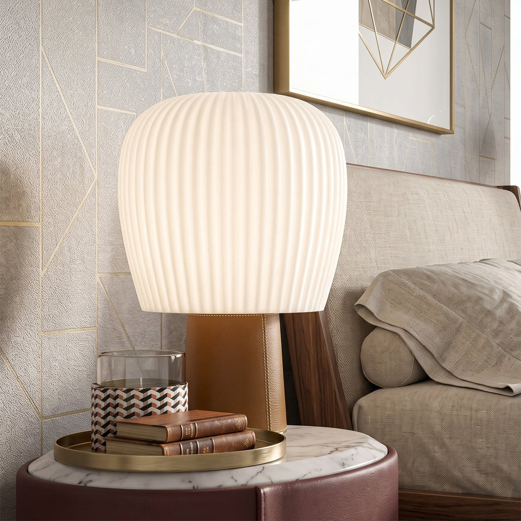 Saddle-Stitched Leather Fluted Glass Table Lamp