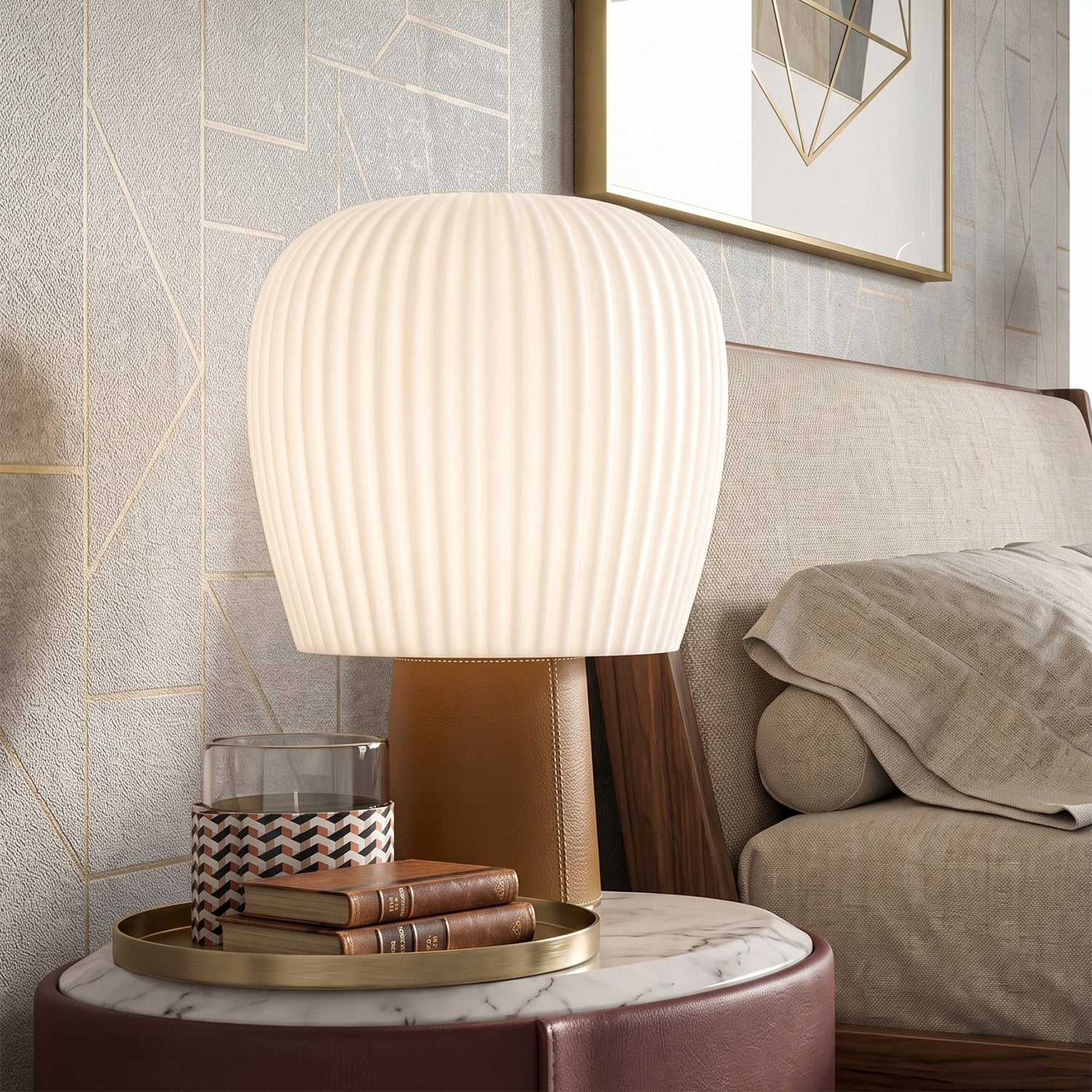 Saddle-Stitched Leather Fluted Glass Table Lamp