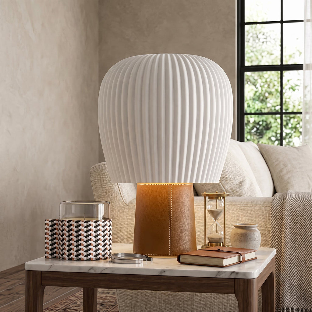 Saddle-Stitched Leather Fluted Glass Table Lamp