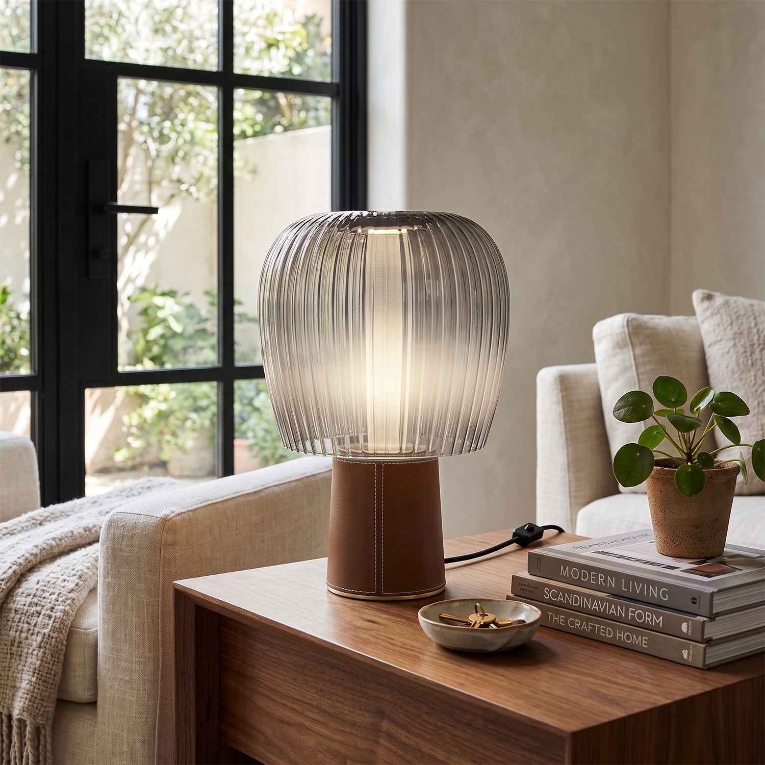 Saddle-Stitched Leather Fluted Glass Table Lamp