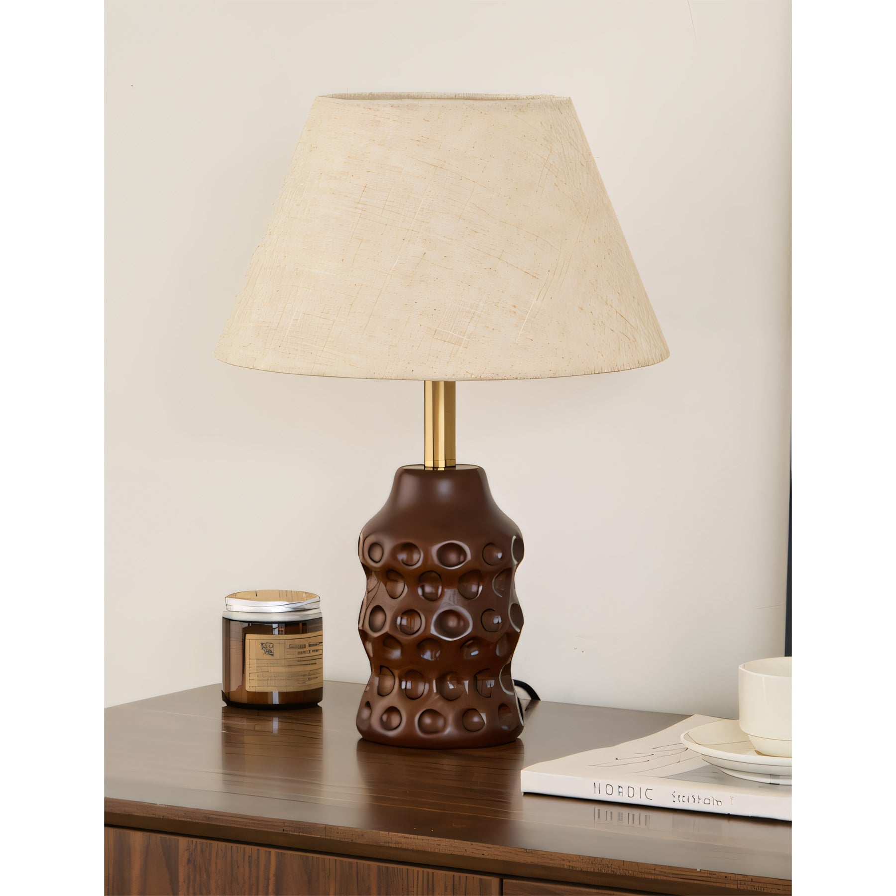 Dimpled Wood Base Linen Shade Table Lamp