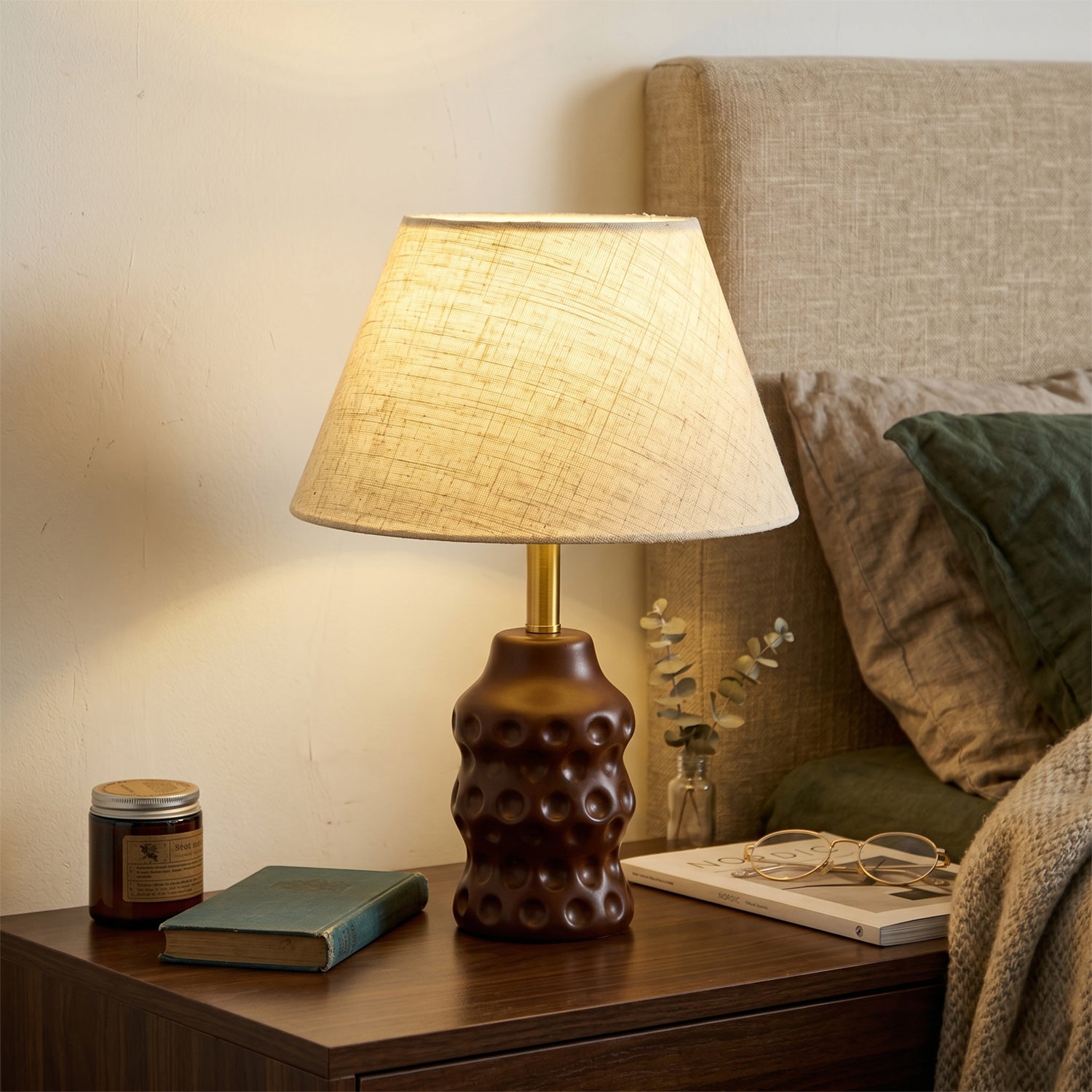 Dimpled Wood Base Linen Shade Table Lamp