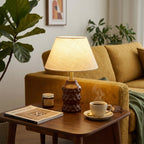 Dimpled Wood Base Linen Shade Table Lamp