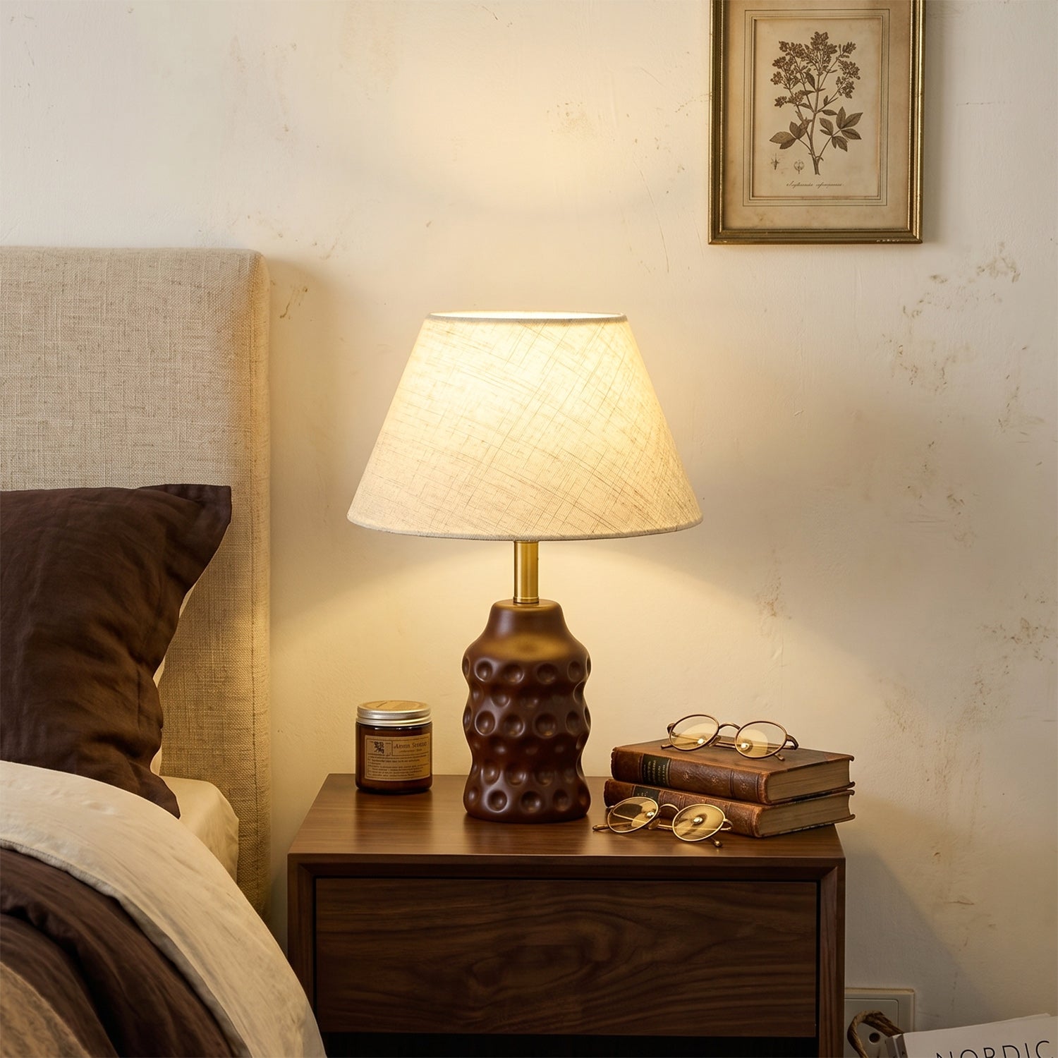 Dimpled Wood Base Linen Shade Table Lamp