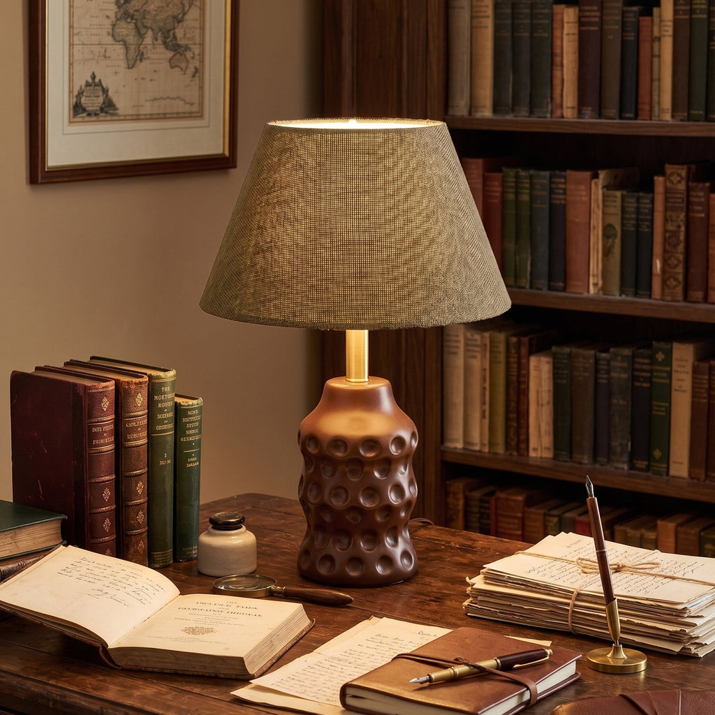 Dimpled Wood Base Linen Shade Table Lamp
