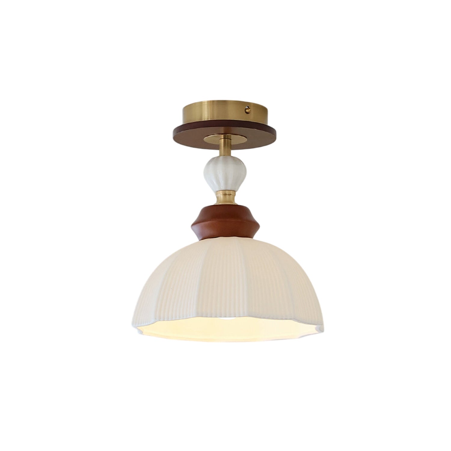 Fluted Ceramic Dome Oak Accent Semi-Flush Ceiling Light