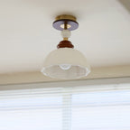 Fluted Ceramic Dome Oak Accent Semi-Flush Ceiling Light