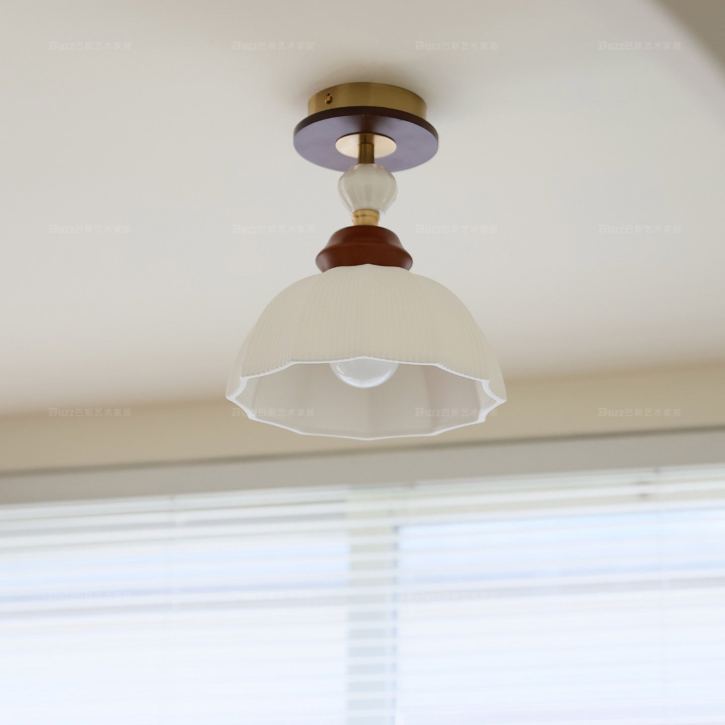 Fluted Ceramic Dome Oak Accent Semi-Flush Ceiling Light