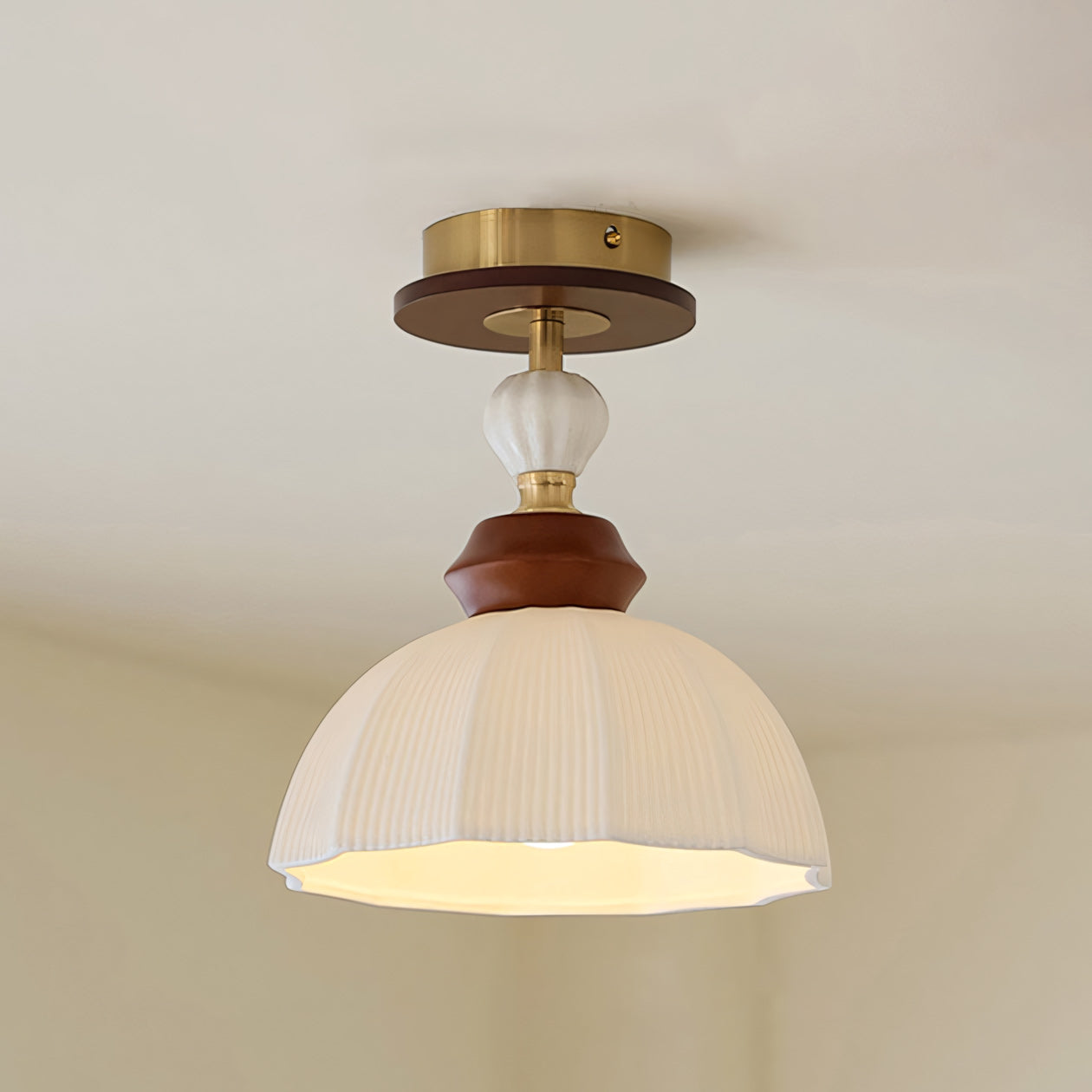 Fluted Ceramic Dome Oak Accent Semi-Flush Ceiling Light