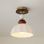 Fluted Ceramic Dome Oak Accent Semi-Flush Ceiling Light