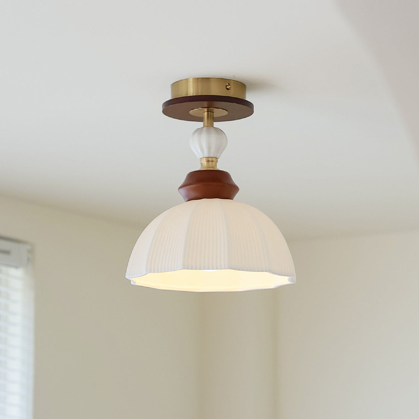 Fluted Ceramic Dome Oak Accent Semi-Flush Ceiling Light