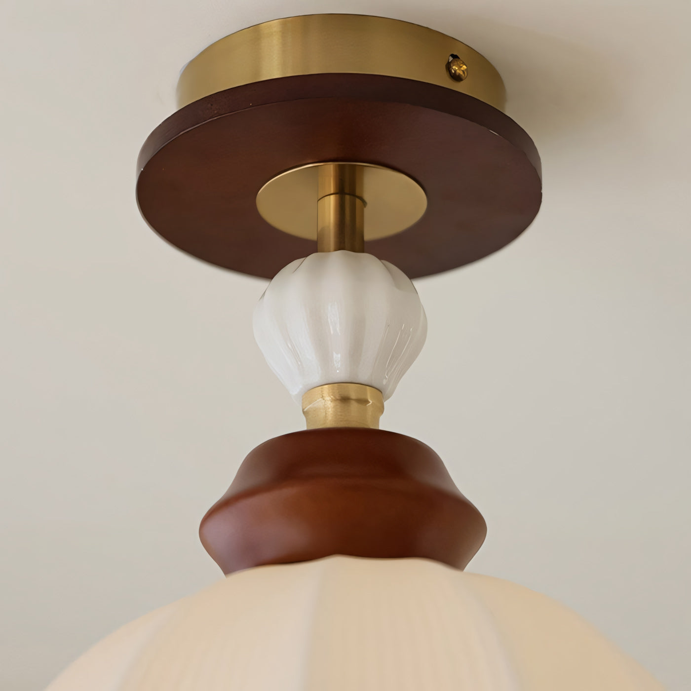 Fluted Ceramic Dome Oak Accent Semi-Flush Ceiling Light
