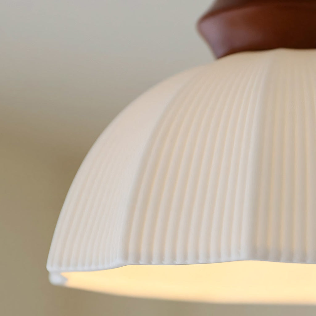 Fluted Ceramic Dome Oak Accent Semi-Flush Ceiling Light