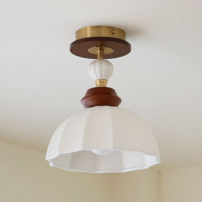Fluted Ceramic Dome Oak Accent Semi-Flush Ceiling Light