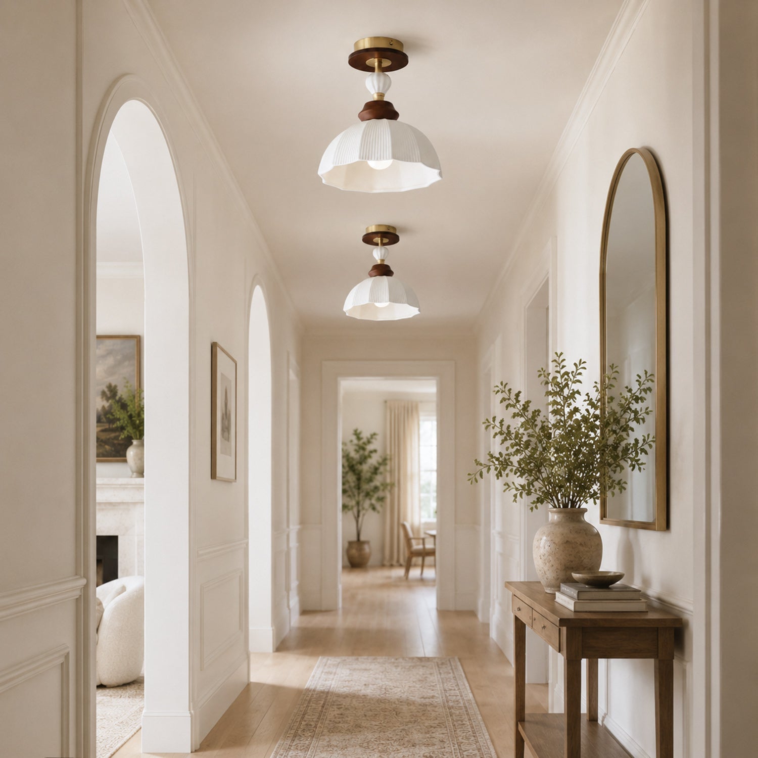Fluted Ceramic Dome Oak Accent Semi-Flush Ceiling Light