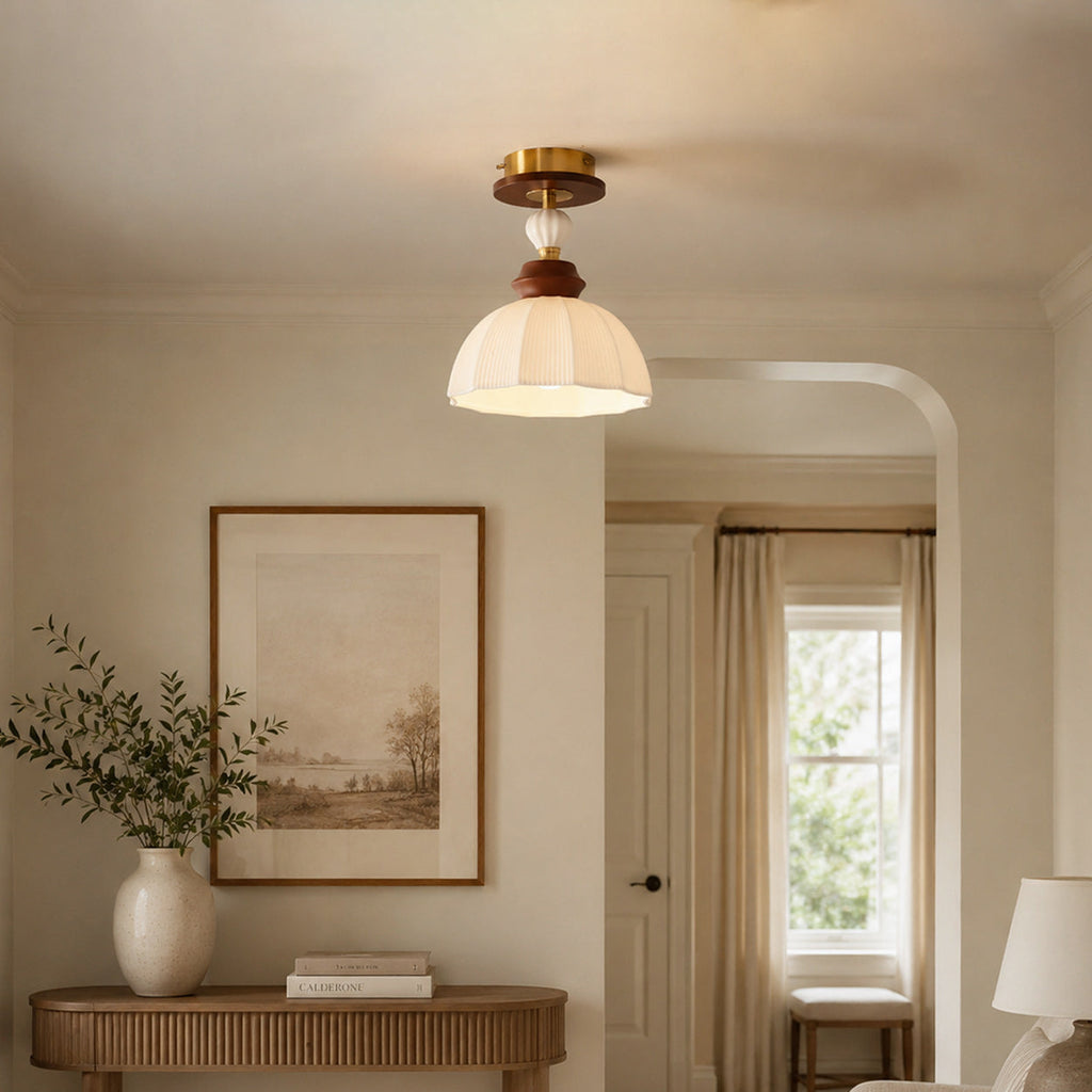 Fluted Ceramic Dome Oak Accent Semi-Flush Ceiling Light