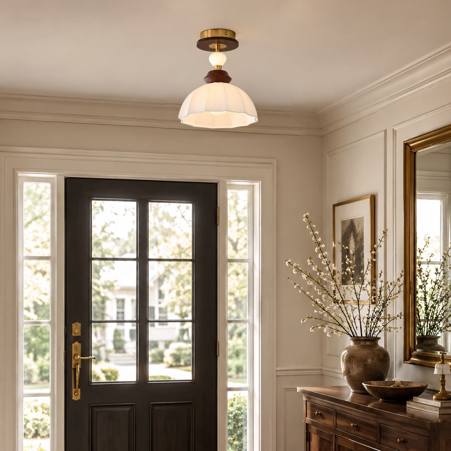 Fluted Ceramic Dome Oak Accent Semi-Flush Ceiling Light