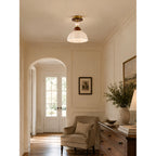 Fluted Ceramic Dome Oak Accent Semi-Flush Ceiling Light