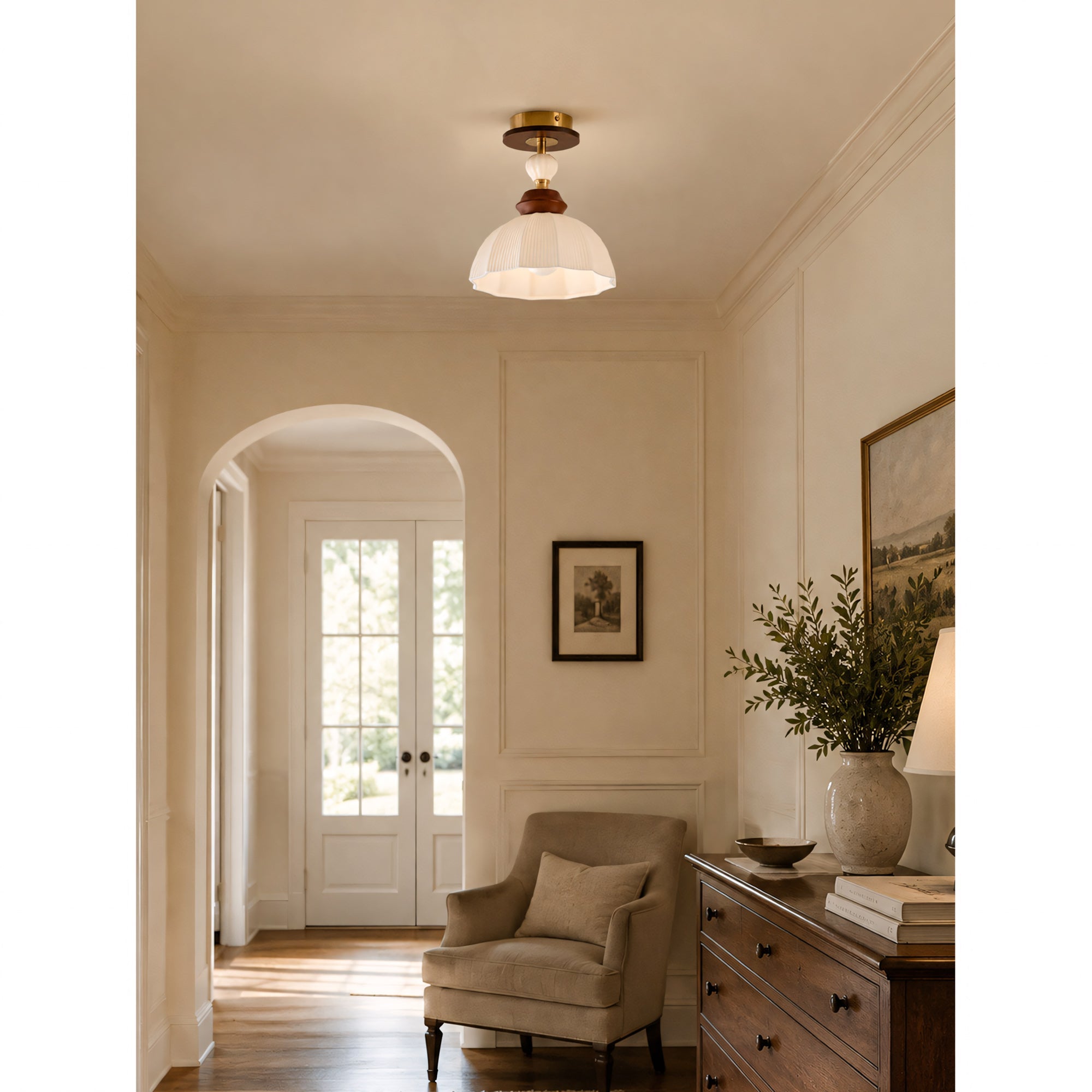 Fluted Ceramic Dome Oak Accent Semi-Flush Ceiling Light