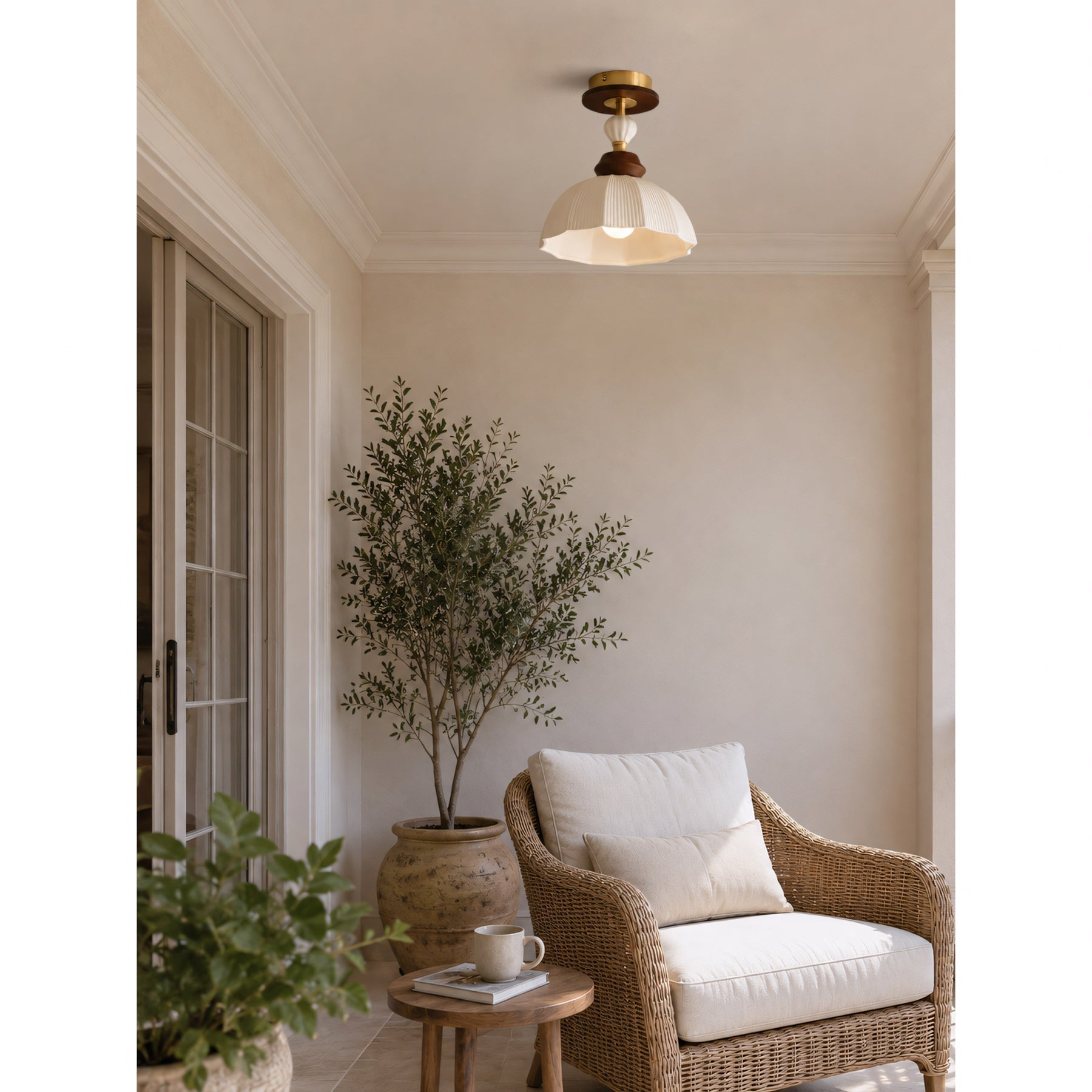 Fluted Ceramic Dome Oak Accent Semi-Flush Ceiling Light