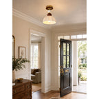 Fluted Ceramic Dome Oak Accent Semi-Flush Ceiling Light