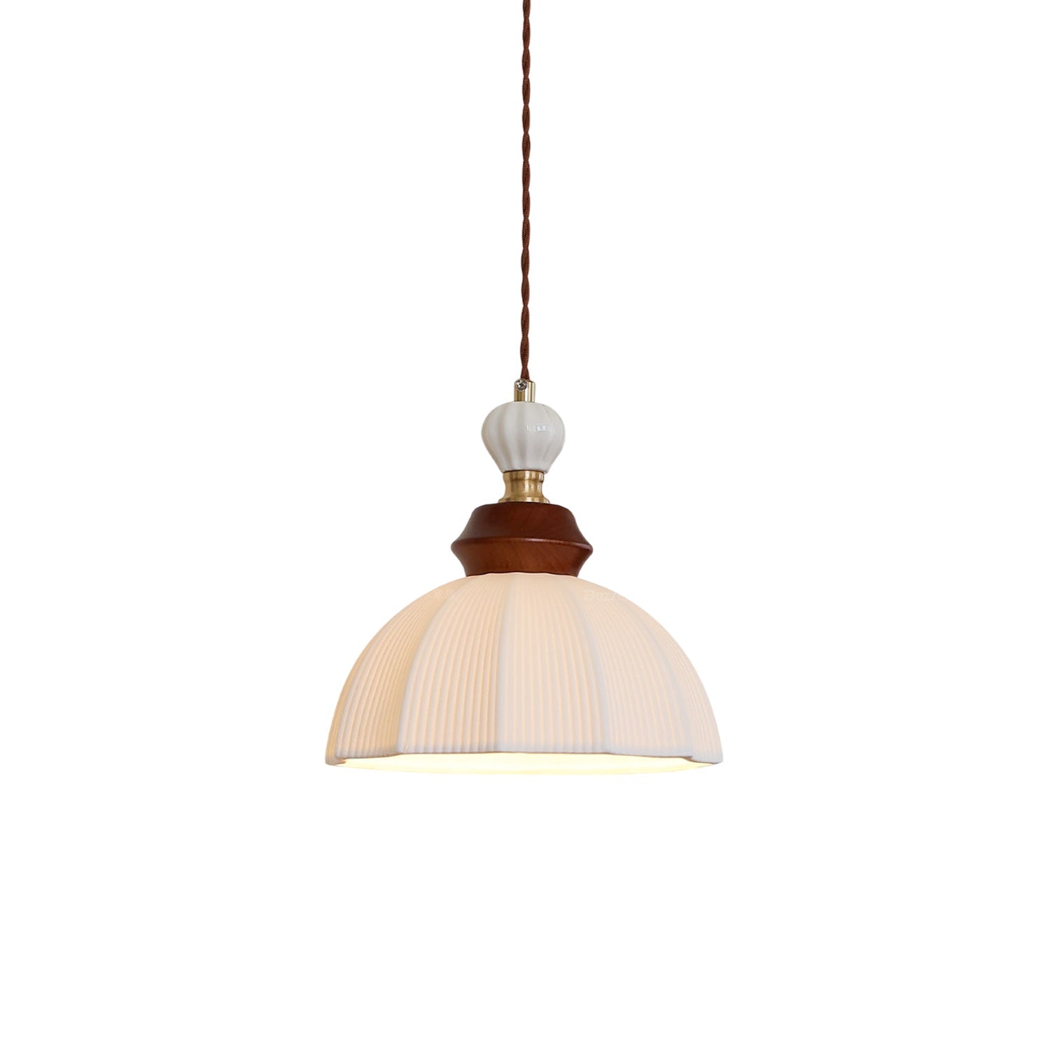Fluted Ceramic Dome Oak Accent Pendant Light